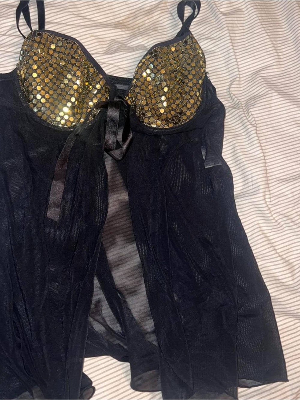 Black Sheer Babydoll with Gold Sequin Cups